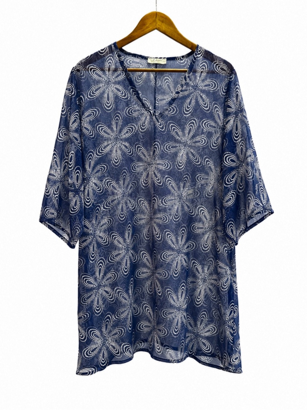 J Valdi Blue Sheer Floral Beach Cover Up Tunic XL